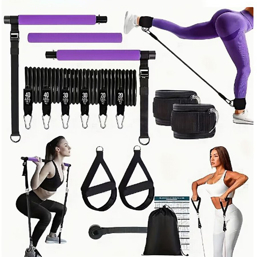 Pilates Bar Kit With Resistance Bands - 180ポンドの抵抗バンドと調節可能なピラティスバー付き、持ち運び可能なホームジムセット（全身強化＆ピラティスワークアウト用）