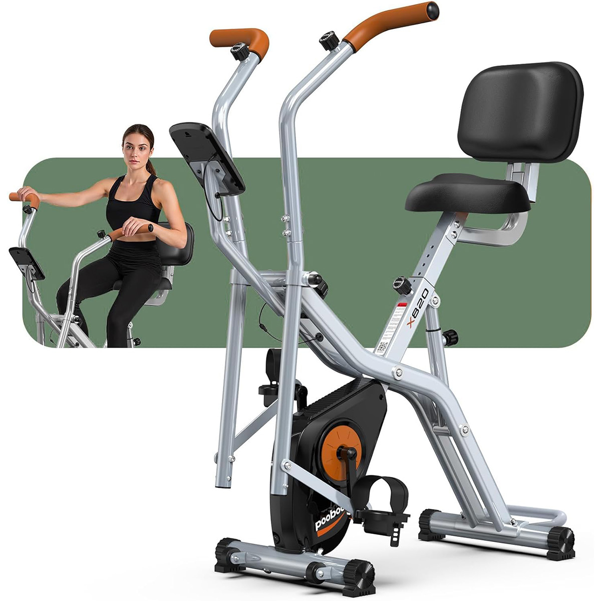 Exercise Bike Magnetic Resistance - Pooboo折りたたみ式2-in-1エクササイズバイク、エリプティカル＆ステーショナリーサイクリングモード、8段階磁気抵抗、静音室内フィットネスバイク（家庭用およびリハビリ用）、調節可能なシートとハンドレール、LCDモニター、耐荷重300ポンド、シルバーブラック