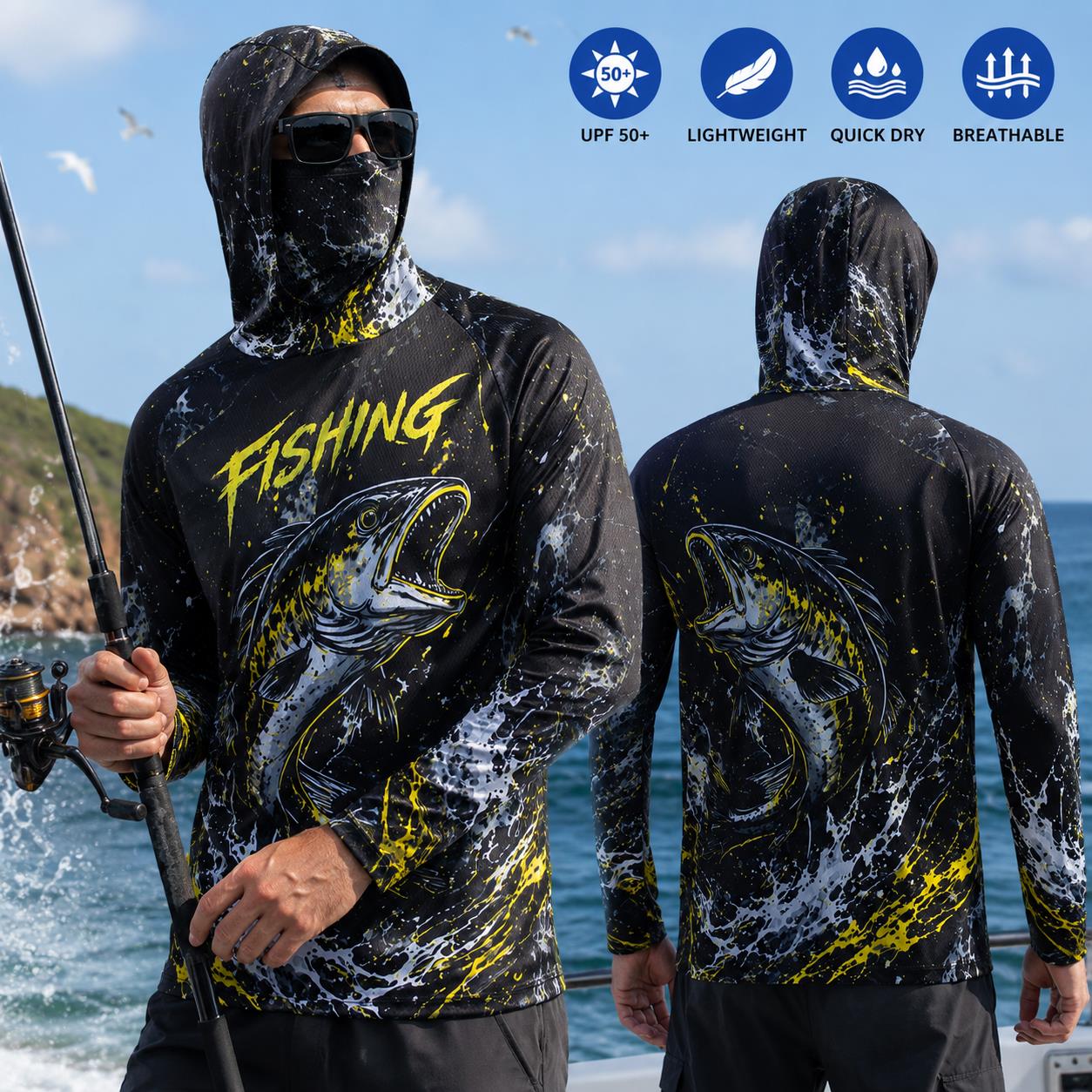 速乾性通気性メンズフィッシングフーディー グラデーションバス - Fishing のレビューと価格