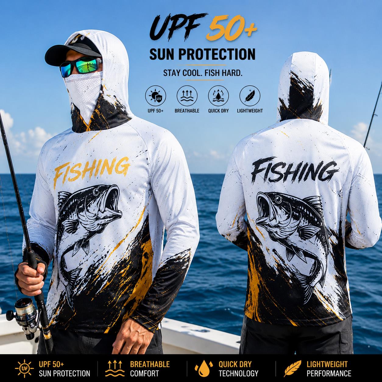 速乾性通気性メンズフィッシングフーディー グラデーションバス - Fishing のレビューと価格
